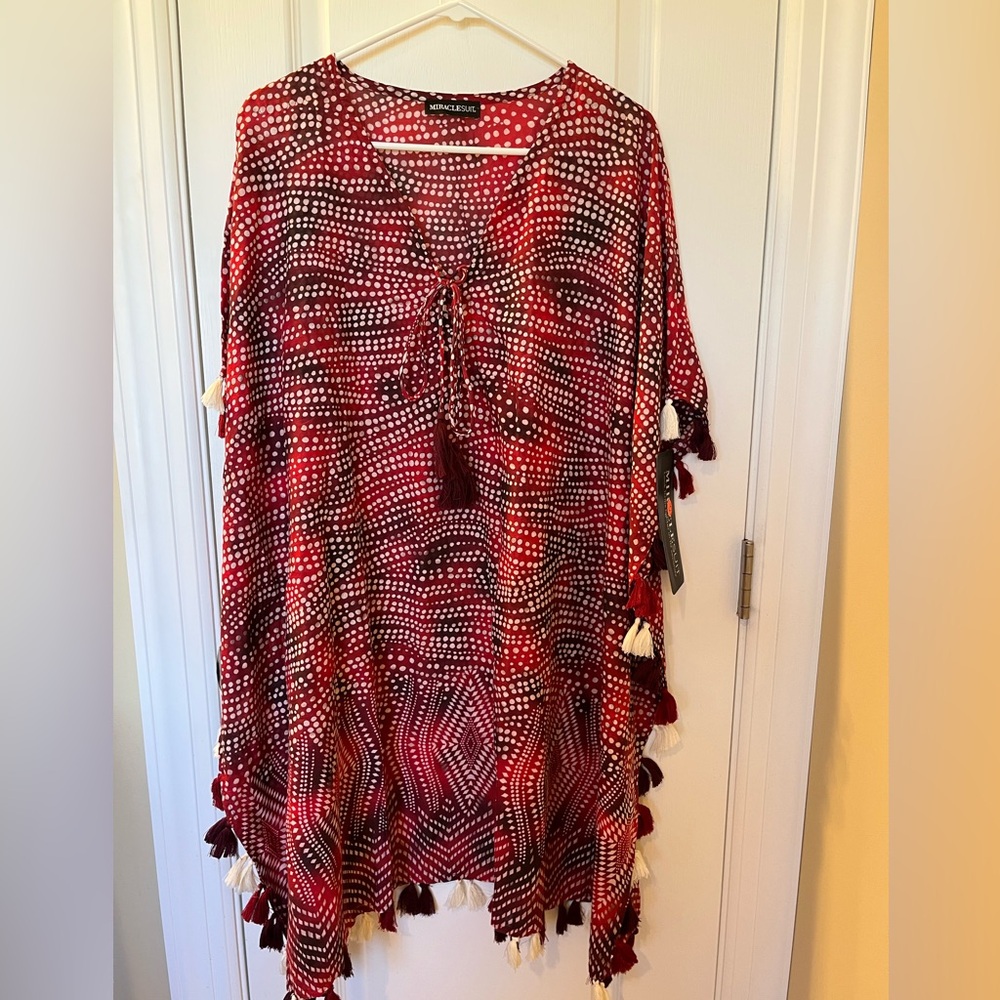 🆕 Miraclesuit Caftan Swimsuit Cover-up Women’s Tassles Cotton Red White Size S - Picture 9 of 9